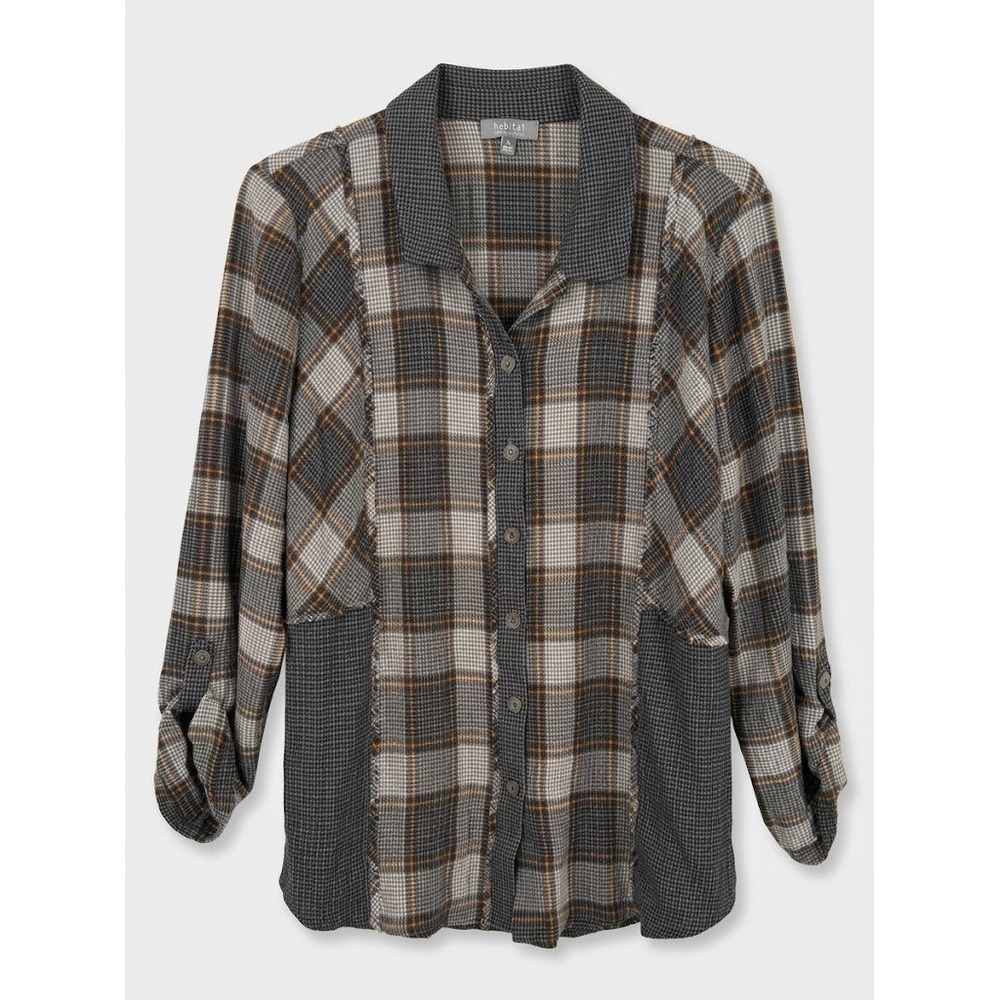 Habitat Womens XL Plaid Houndstooth Mixed Media Button Up Shirt Gray Boho - CJ